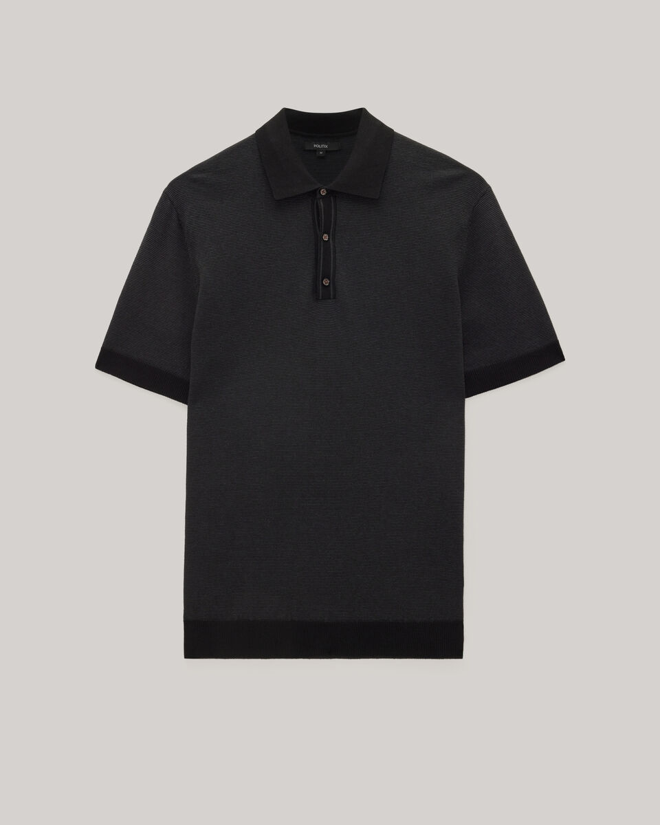Striped Button-up Collar Polo, Charcoal, hi-res